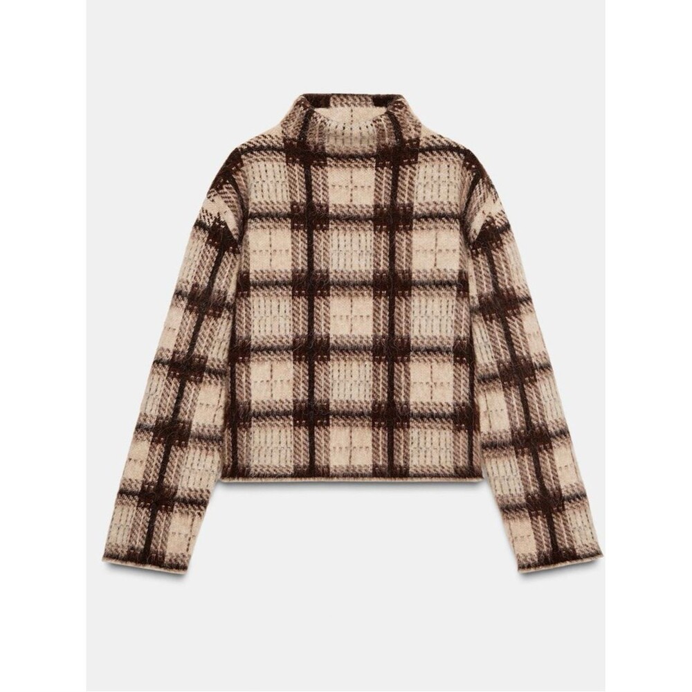 ZARA Plaid Mock Neck Sweater Fuzzy Brown Checked Cozy Boxy Pullover. XL. NEW.